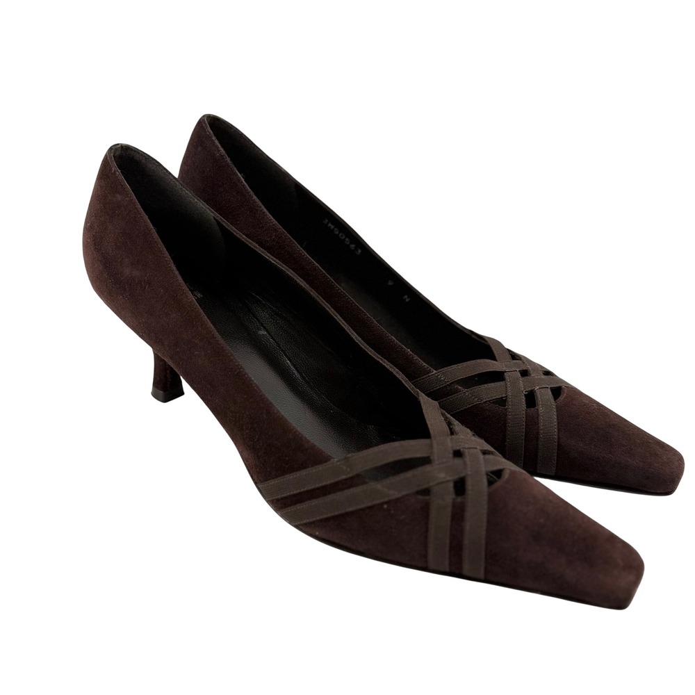 Stuart Weitzman 9N Kitten Heel Pump Brown Coach Suede Pointed Toe Office 90s Y2k